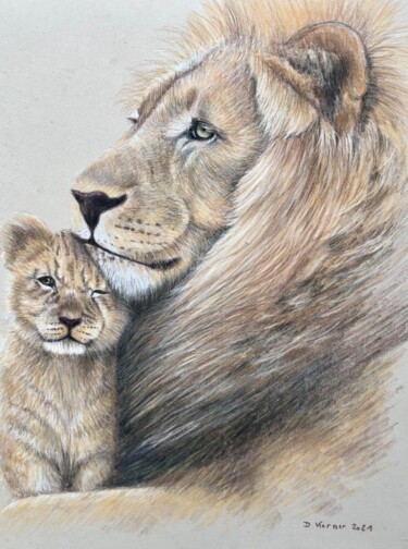 Dessin intitulée "Lion et son petit" par Deborah Kerner, Œuvre d'art originale, Pastel
