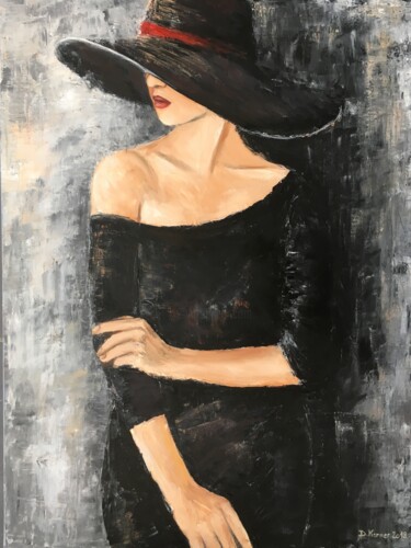 Malerei mit dem Titel "Femme à la robe noi…" von Deborah Kerner, Original-Kunstwerk, Öl