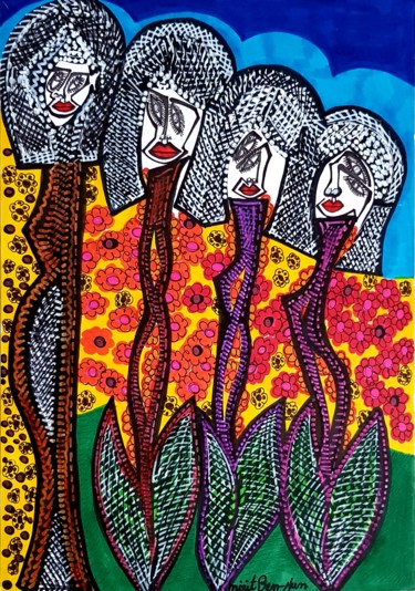Disegno intitolato "Faces and flowers d…" da Mirit Ben-Nun, Opera d'arte originale, Inchiostro
