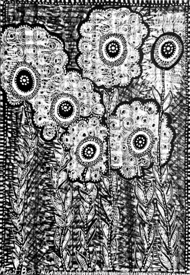 Dessin intitulée "Flowers at modern a…" par Mirit Ben-Nun, Œuvre d'art originale, Encre