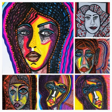 Disegno intitolato "Faces woman painter…" da Mirit Ben-Nun, Opera d'arte originale, Inchiostro
