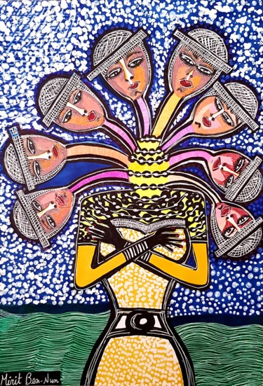 Картина под названием "Jewelry woman faces…" - Mirit Ben-Nun, Подлинное произведение искусства, Чернила