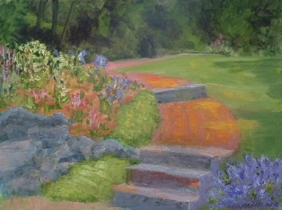 Painting titled "Garden Path" by Deborah Palmer, Original Artwork, Oil