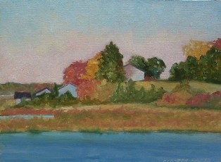 Painting titled "Shoreline Houses" by Deborah Palmer, Original Artwork, Oil