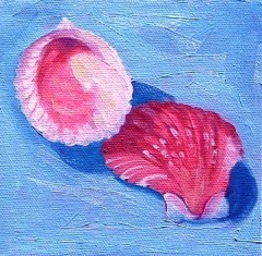 Painting titled "Two Shells on Blue" by Deborah Palmer, Original Artwork, Oil