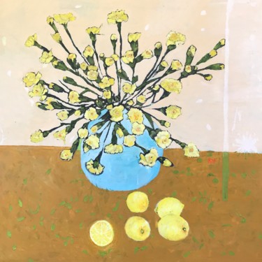 Painting titled "Yellow carnations a…" by Rebecca De Figueiredo, Original Artwork, Oil