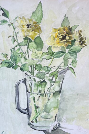 Painting titled "Wilting yellow roses" by Rebecca De Figueiredo, Original Artwork, Watercolor