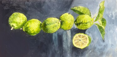 Painting titled "Unripe lemons" by Rebecca De Figueiredo, Original Artwork, Oil Mounted on Wood Stretcher frame