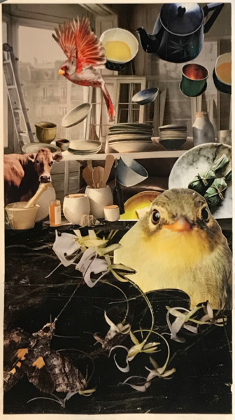 Collages titled "Goldfinch in the Ki…" by Debra Rogers, Original Artwork, Collages Mounted on Other rigid panel