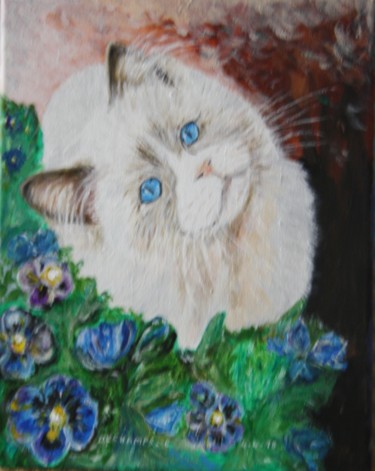 Schilderij getiteld "Angora - kitten  op…" door Edmond Dechamps, Origineel Kunstwerk