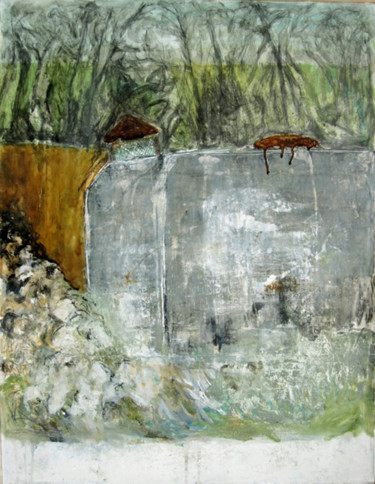 Malerei mit dem Titel "blockhaus au fond d…" von Valérie Décoret, Original-Kunstwerk