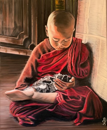 Peinture intitulée "L'enfant-moine tibé…" par Aline Morancho, Œuvre d'art originale, Huile