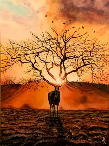 Peinture intitulée "Le cerf et l'arbre,…" par Aline Morancho, Œuvre d'art originale, Acrylique