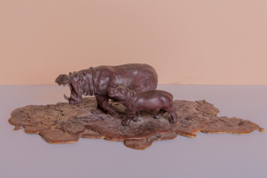 Sculpture titled "Mère hippopotame av…" by Christian Duvette Sculpteur Animalier, Original Artwork, Metals