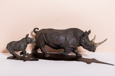 Sculpture titled "Rhinocéros noir en…" by Christian Duvette Sculpteur Animalier, Original Artwork, Bronze