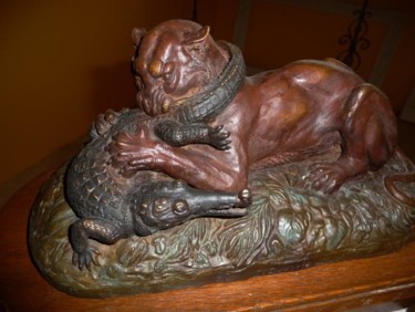 Sculpture titled "Tigre et Gavial d'a…" by Christian Duvette Sculpteur Animalier, Original Artwork, Metals