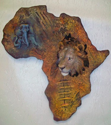 Skulptur mit dem Titel "Le lion d'Afrique" von Christian Duvette Sculpteur Animalier, Original-Kunstwerk, Stein
