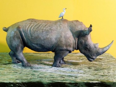 Sculpture titled "Sculpture Rhinocéro…" by Christian Duvette Sculpteur Animalier, Original Artwork, Metals