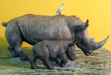 Escultura titulada ""RHINOCÉROS BLANC E…" por Christian Duvette Sculpteur Animalier, Obra de arte original, Metales