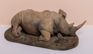 Sculpture titled ""Rhinocéros blanc a…" by Christian Duvette Sculpteur Animalier, Original Artwork, Metals