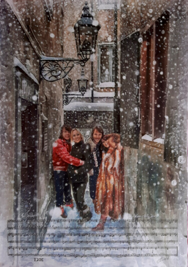 Schilderij getiteld "New Year's Eve song" door Dee, Origineel Kunstwerk, Aquarel Gemonteerd op Karton