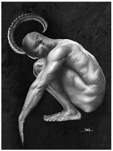 Drawing titled "Capricorne" by D.H.Louis, Original Artwork, Charcoal