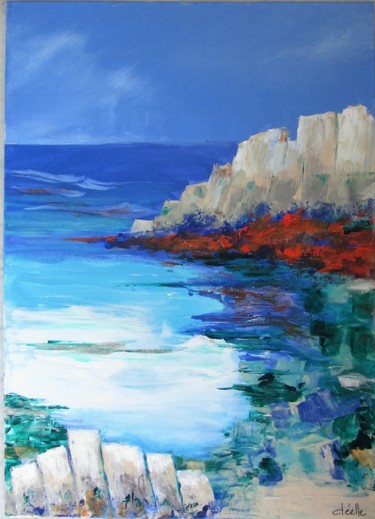 Peinture intitulée "au pied des falaises" par Denise Lecocq, Œuvre d'art originale, Acrylique