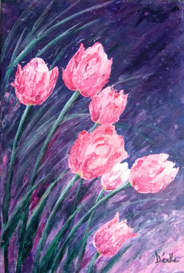 Peinture intitulée "vent sur les tulipes" par Denise Lecocq, Œuvre d'art originale, Acrylique