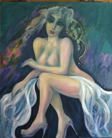 Картина под названием "Обнаженная с цветком" - Victor Tretyakov, Подлинное произведение искусства, Масло