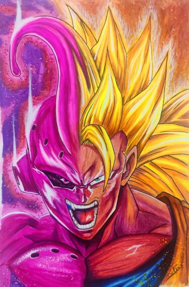 제목이 "Goku/majinbuu"인 그림 Defou-Aerographie로, 원작, 연필 기타 단단한 패널에 장착됨