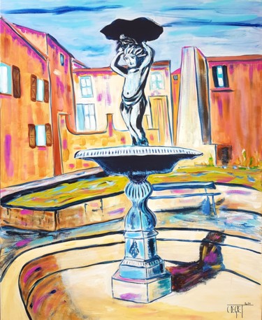 La fontaine de la place Fargal à Graissessac 34260 Peinture intitulée "La fontaine de la p…" par Claude Degret, Œuvre d'art originale, Acrylique