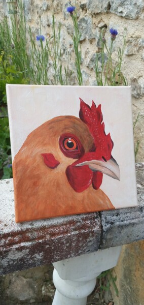 Painting titled "Poule Rousse." by Isaline Degueurce, Original Artwork, Acrylic Mounted on Wood Stretcher frame