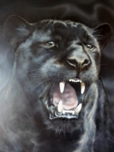 Картина под названием "Черная пантера на ч…" - Елена Кузьмина, Подлинное произведение искусства, Аэрограф