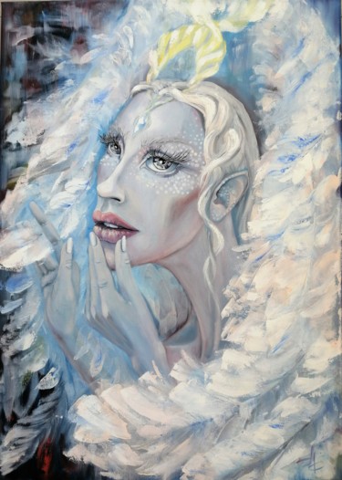 Painting titled "Ангел Рассвета / An…" by Elena Kuzmina, Original Artwork, Oil Mounted on Wood Stretcher frame