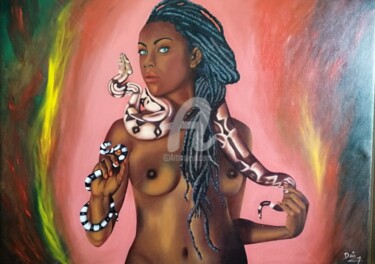 Painting titled "Eva Negra" by Deia G Designer, Original Artwork, Oil Mounted on Wood Panel