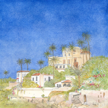 Malerei mit dem Titel "Villa at Cap Ferrat" von Deirdre Nicholls, Original-Kunstwerk, Aquarell