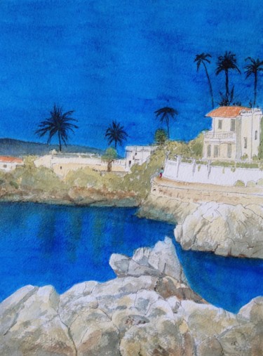 Painting titled "Cap Ferrat, Blue sky" by Deirdre Nicholls, Original Artwork, Watercolor