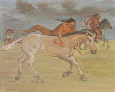 Malarstwo zatytułowany „Horseman” autorstwa Dejan Djurovic, Oryginalna praca, Olej Zamontowany na Drewniana rama noszy