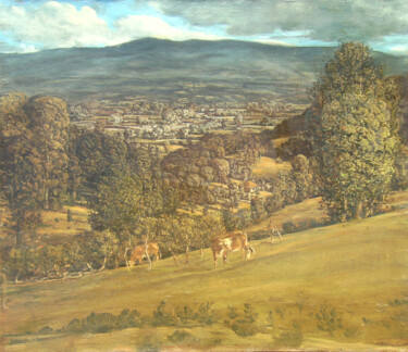 Schilderij getiteld "Landscape 15" door Dejan Djurovic, Origineel Kunstwerk, Olie Gemonteerd op Frame voor houten brancard