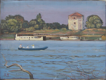 Painting titled "Belgrade tower 2" by Dejan Djurovic, Original Artwork, Oil Mounted on Wood Stretcher frame