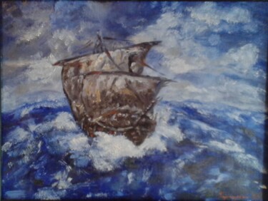 Painting titled "brave new world" by Dejan Gulicoski, Original Artwork, Oil Mounted on Wood Stretcher frame