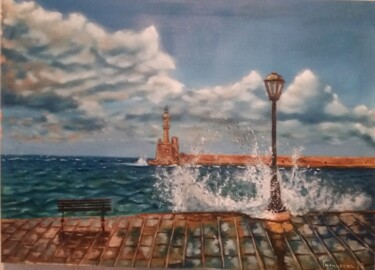 Painting titled "Faros,Chania" by Dejan Gulicoski, Original Artwork, Oil Mounted on Wood Stretcher frame