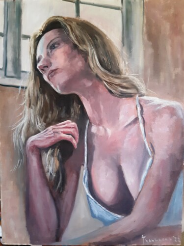 Painting titled "she" by Dejan Gulicoski, Original Artwork, Oil Mounted on Wood Stretcher frame