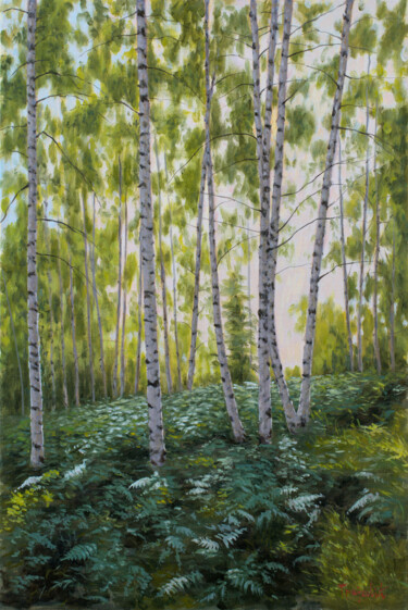Painting titled "Ferns in a birch fo…" by Dejan Trajkovic, Original Artwork, Oil