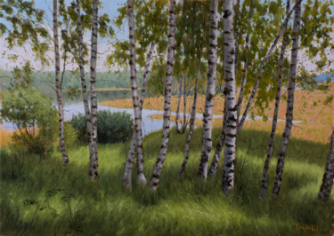 Painting titled "Birches Beside the…" by Dejan Trajkovic, Original Artwork, Oil