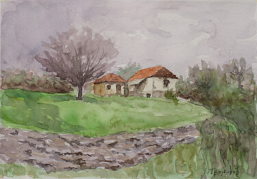 Картина под названием "A village yard in t…" - Dejan Trajkovic, Подлинное произведение искусства, Акварель