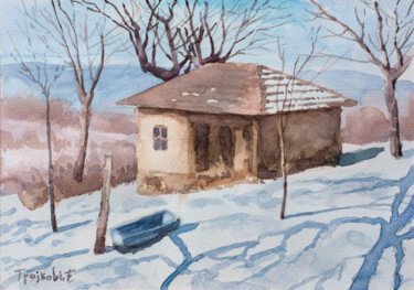 Malerei mit dem Titel "Cottage on the Hill" von Dejan Trajkovic, Original-Kunstwerk, Aquarell