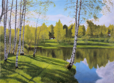 Painting titled "Birches on the Gras…" by Dejan Trajkovic, Original Artwork, Oil Mounted on Wood Stretcher frame
