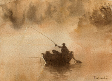 Картина под названием "The Fisherman" - Dejan Trajkovic, Подлинное произведение искусства, Акварель