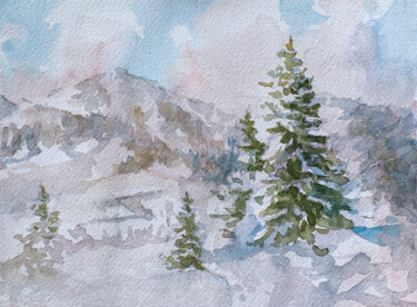 Картина под названием "Winter in Mountain" - Dejan Trajkovic, Подлинное произведение искусства, Акварель